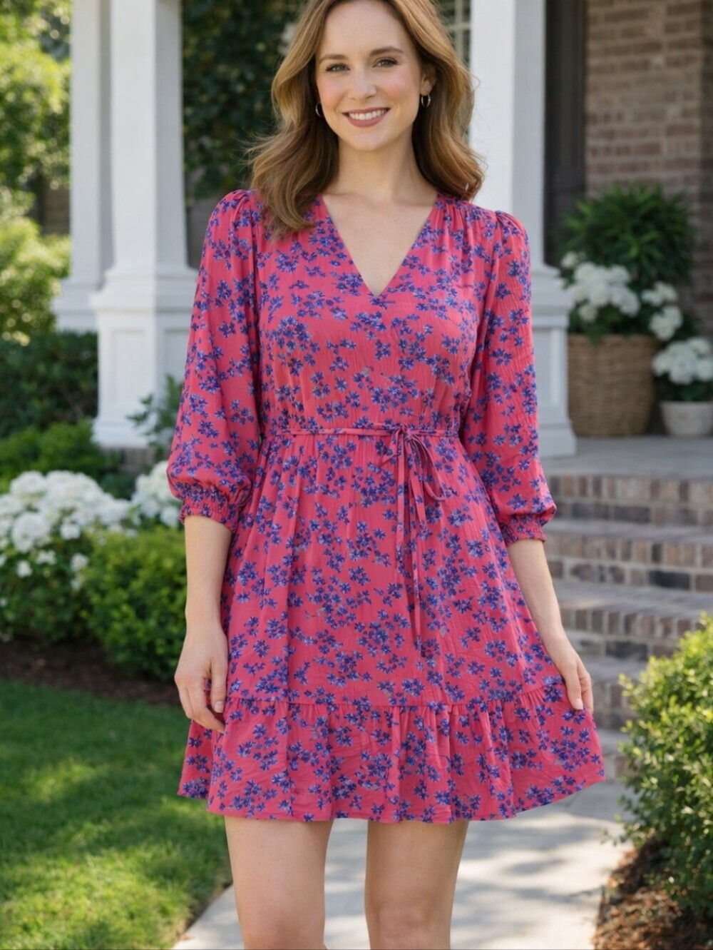 DRAPER JAMES RSVP FLORAL SMOCKED SLEEVE V- NECK MID DRESS. SIZE X- LARGE . PINK